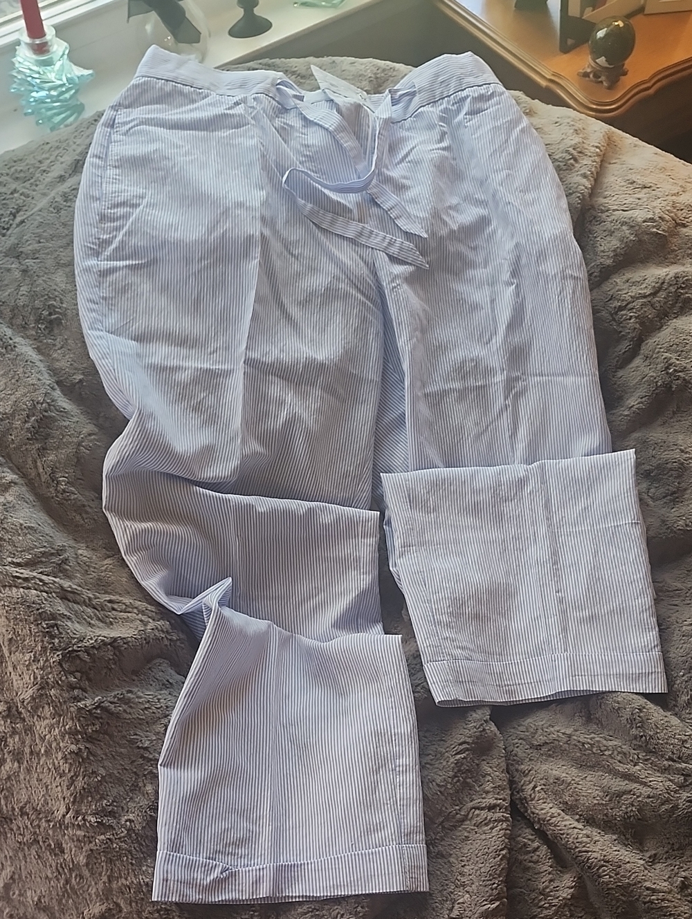 Officine Generale Light Blue and White Pinstripe Trousers